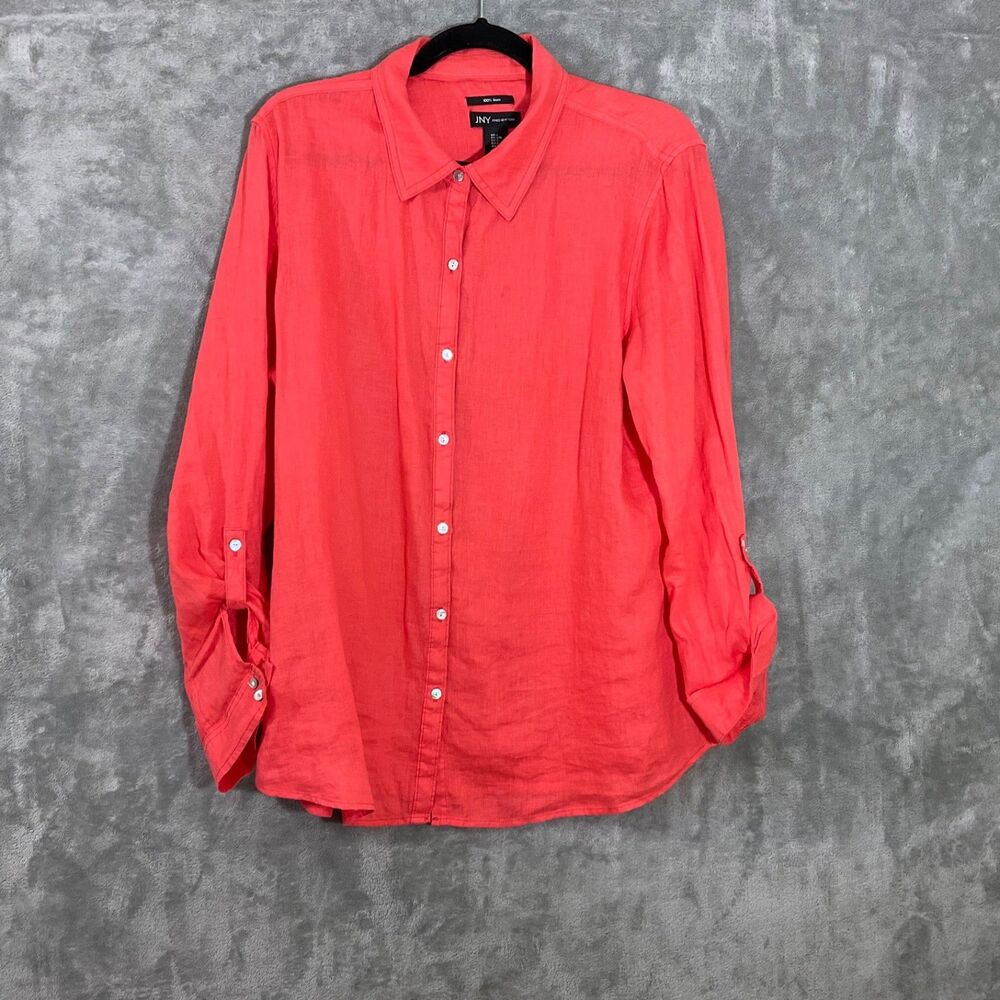 Jones New York JNY  Women’s L 100% Linen Button up Shirt roll tab sleeves casual